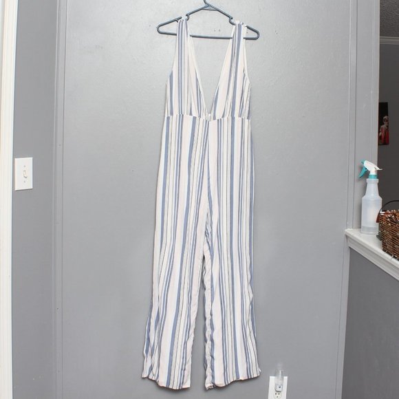 Super down revolve striped deep v neck jumpsuit - Picture 1 of 6